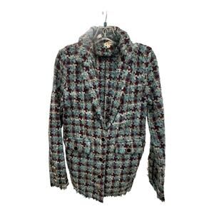 POL Tweed Jacket Womens S Blue Brown Raw Edge Sequin Business Casual Boho Artsy